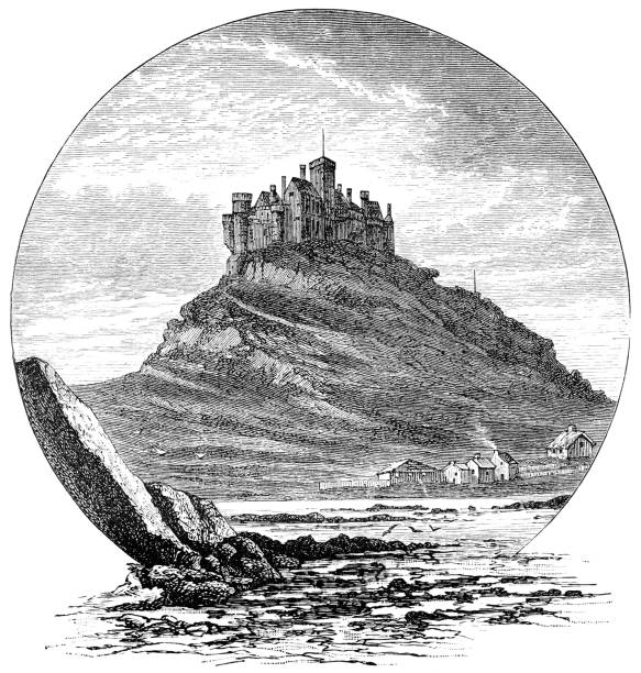 St Michael’s Mount at the town of Marazion in Cornwall, England, Uk. Vintage etching circa 19th century.