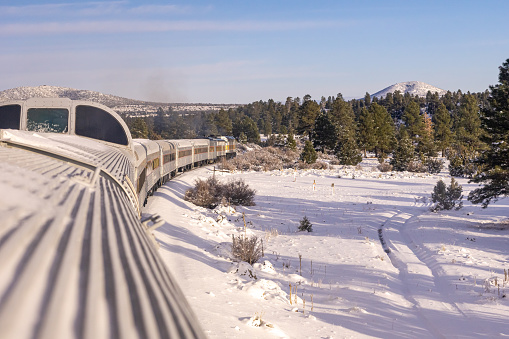 Williams, Arizona/USA- December 26 2019: The Grand Canyon Railway train as it turns a corner.