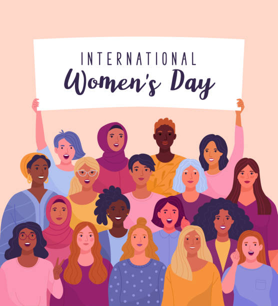 International Women's Day. Vector illustration of diverse cartoon women standing together and holding a placard over their heads. Isolated on background. international womens day stock illustrations