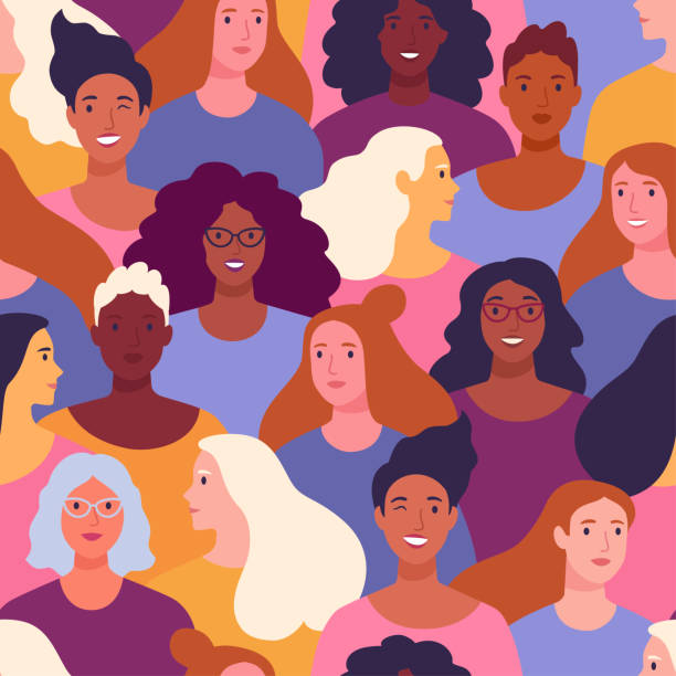 International Women's Day pattern. Vector seamless pattern with multinational diverse group of women in trendy cartoon flat style. crowd of people backgrounds stock illustrations