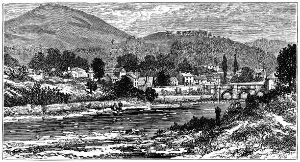 город лланголлен в денбишире, уэльс - 19 век - dee river illustrations stock illustrations