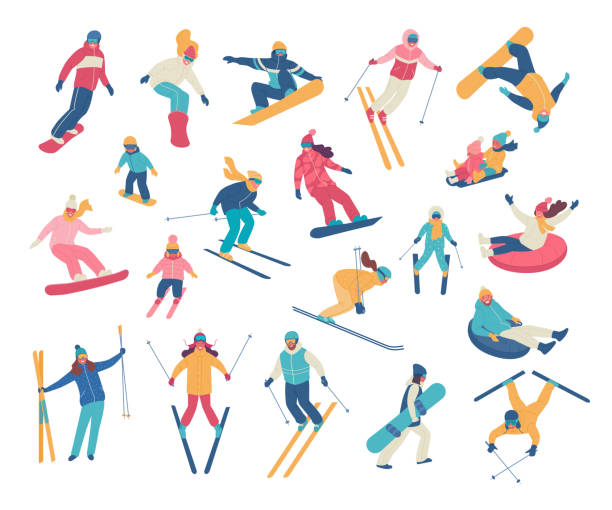 Winter activities. Vector illustration of happy cartoon skiers, snowboarders and tubing people. Isolated on white. snowboard stock illustrations