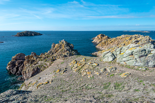 View from Beg er Vachif peninsula in west of Houat island in French Brittany. Guric islet is at left background.