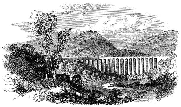 ilustrações, clipart, desenhos animados e ícones de pontcysyllte aqueduct em llangollen, país de gales - século xix - dee river illustrations