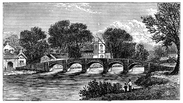 ilustrações, clipart, desenhos animados e ícones de ponte bangor-on-dee em bangor-on-dee, país de gales - século xix - dee river illustrations