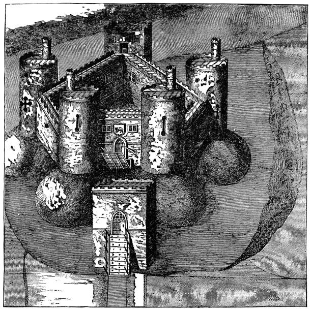 Holt Castle in Holt, Wales - Early 17th Century Holt Castle at the town of Holt in Wrexham, Wales, Uk (circa 1610). Vintage etching circa 19th century. In late 17th century most of the castle was demolished. wrexham stock illustrations