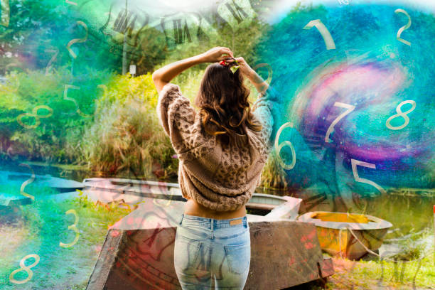 istock Beautiful woman numerology and time 1197169753