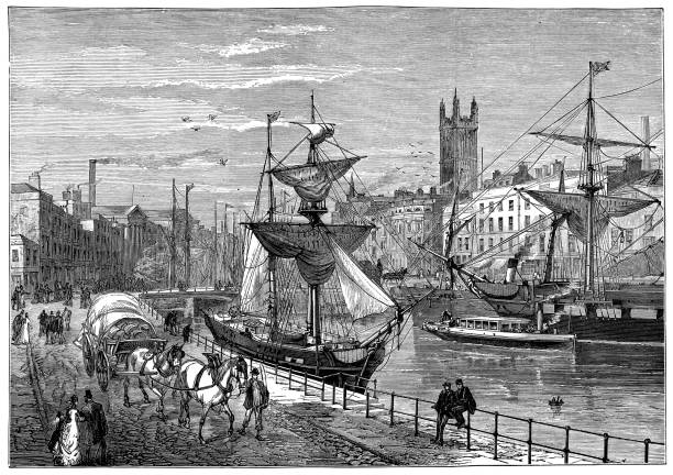 영국 남서부 브리스톨시 - 19세기 - architecture built structure people in the background nautical vessel stock illustrations