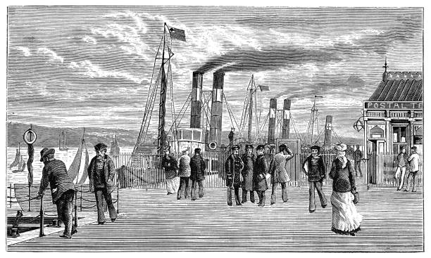 Prince’s Dock in Liverpool, England - 19th Century Prince’s Dock at the Port of Liverpool in the city of Liverpool in Merseyside, England, Uk. Vintage etching circa 19th century. river mersey northwest england stock illustrations