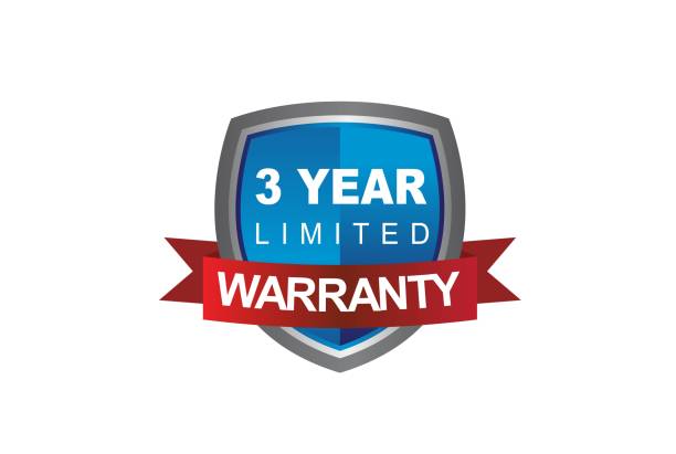 ilustrações de stock, clip art, desenhos animados e ícones de blue metallic 3 year warranty shield with red ribbon - number certificate number 3 year