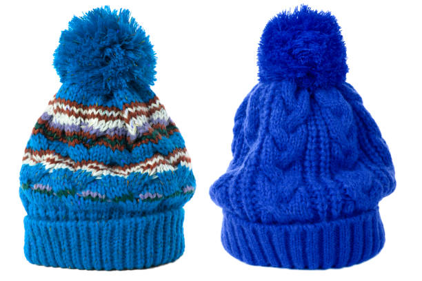 Two winter ski knit hat blue isolated white