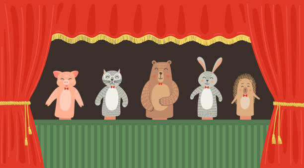 istock Pig, cat, bear, rabbit and hedgehog hand puppets on the scene 1197179502