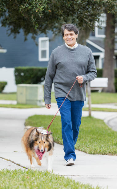 istock Senior Hispanic man walking dog on leash 1197179937
