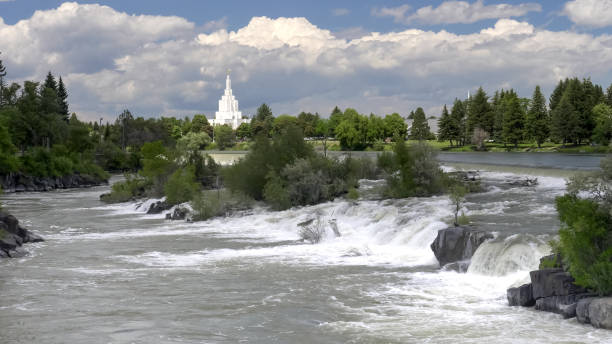istock waterfall and mormon temple at idaho falls 1197180711