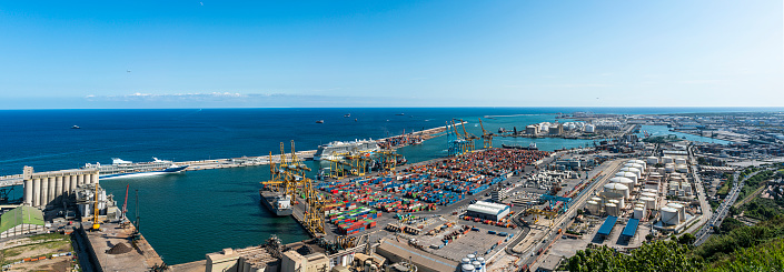 View on Port of Barcelona, cargo and shipping terminal from Montjuic hill