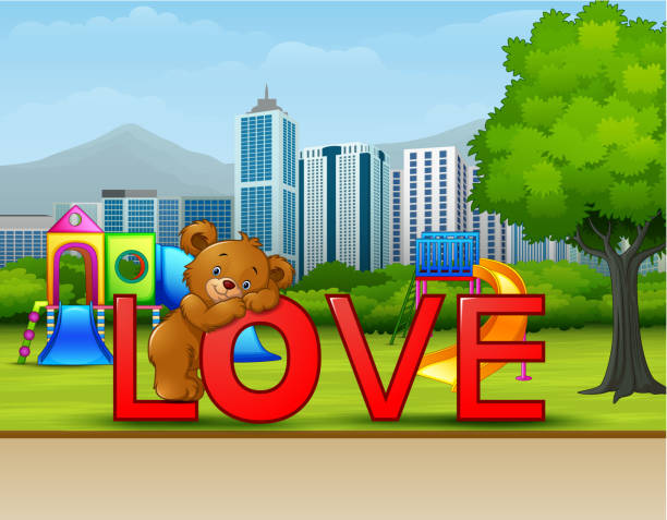 A bear on the red word LOVE in park city A bear on the red word LOVE in park city playground spring horse stock illustrations