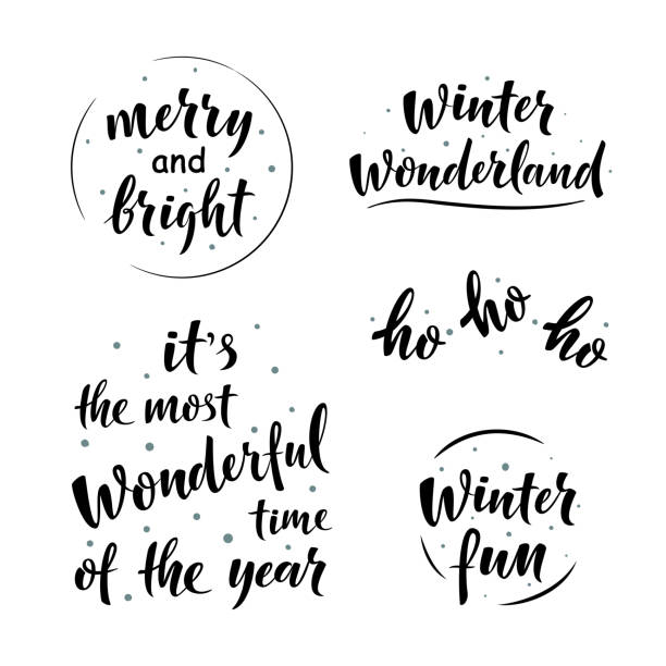 Set of Christmas decorations, Hand drawn simple lettering greeting sign. Set of Christmas decorations, Hand drawn simple lettering greeting sign. For card, t-shirt or mug print, poster, banner, sticker, decor. Photo overlay Winter Holidays vector. Winter wonderland winter wonderland london stock illustrations