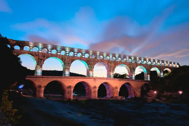 Long exposure image of the beautiful pont du gard in the Provence in South France.