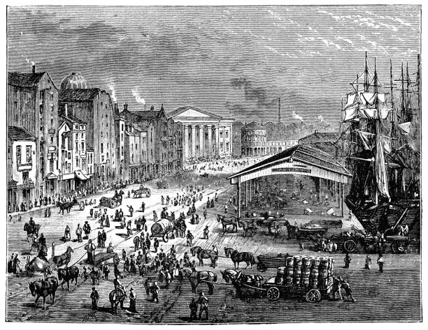 Strand Street in Liverpool, England - 19th Century Strand Street crowded with people in the city of Liverpool in Merseyside, England, Uk. Vintage etching circa 19th century. river mersey northwest england stock illustrations