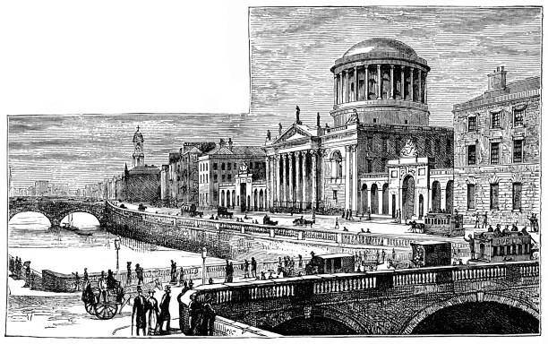 The Four Courts on the River Liffey in Dublin, Ireland. Vintage etching circa late 19th century.