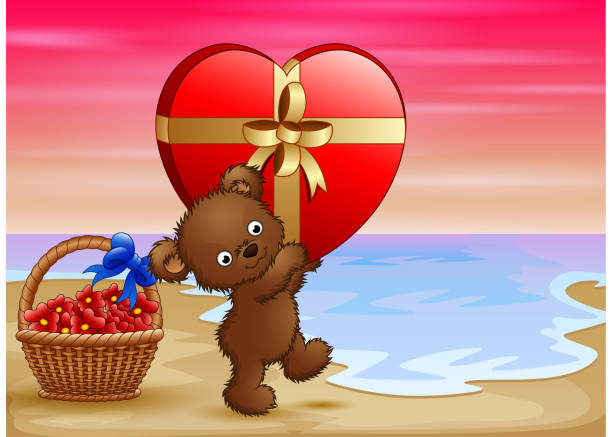 teddybär trägt großes geschenk von rotem herzen - romance travel backgrounds beaches holidays and celebrations stock-grafiken, -clipart, -cartoons und -symbole