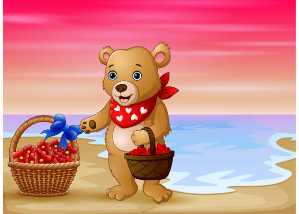 ilustrações, clipart, desenhos animados e ícones de um urso com uma cesta do coração vermelho no beira-mar - romance travel backgrounds beaches holidays and celebrations