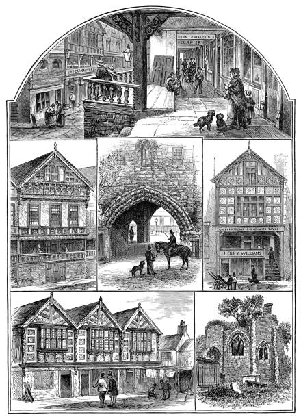 Various Landmarks in Chester, England - 19th Century Various landmarks; Chester Rows, Bishop Lloyd’s House, Abbey Gateway, God’s Providence House, Stanley Place and the ruins of St John’s Church in the city of Chester in Cheshire, England, Uk. Vintage etching circa 19th century. chester england stock illustrations