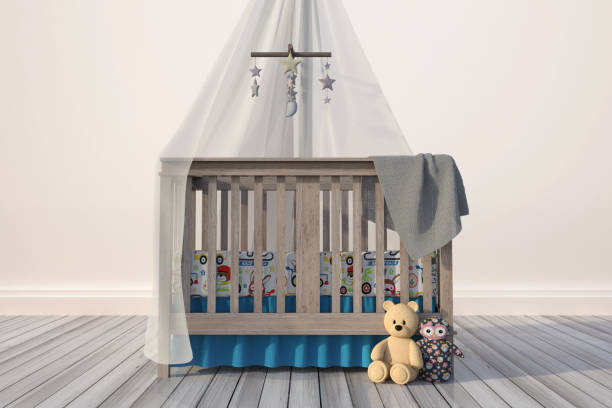 istock Boys Nursery room with crib and toys, 3d render. 1197188084