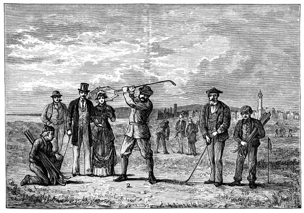 Golfing in St Andrews, Scotland - 19th Century People golfing at the town of St Andrews in Fife, Scotland, Uk. Vintage etching circa 19th century. fife county stock illustrations