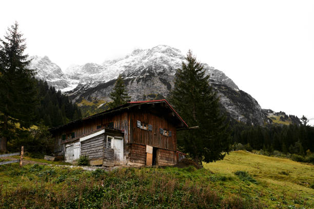 Wooden cabin in the mountains of Austria THe cabin is standing in front of a mountain range covered with snow in the Kleinwalsertal. kleinwalsertal stock pictures, royalty-free photos & images