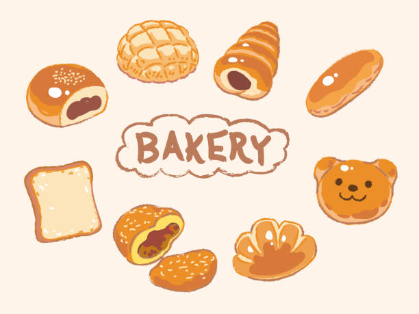 ilustrações de stock, clip art, desenhos animados e ícones de many varieties of inviting bread in  a japanese bakery. - pão ilustrações