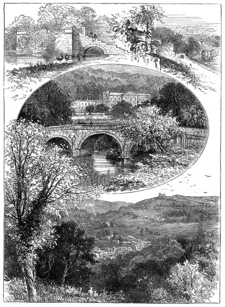 Various Landmarks in Derbyshire, England - 19th Century Various landmarks; Queen Mary’s Bower, Chatworth House and Matlock Bath in Derbyshire, England, Uk. Vintage etching circa 19th century. chatsworth house stock illustrations