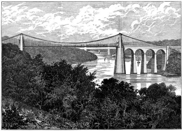 illustrations, cliparts, dessins animés et icônes de menai suspension bridge, à bangor (pays de galles) - xixe siècle - gwynedd
