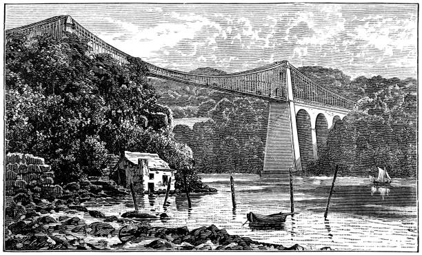 illustrations, cliparts, dessins animés et icônes de menai suspension bridge, à bangor (pays de galles) - xixe siècle - gwynedd