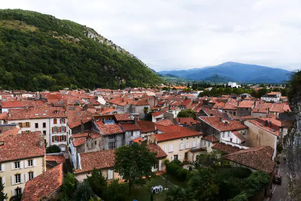 View over the historic city Foix in the Pyrenees Mountains in France