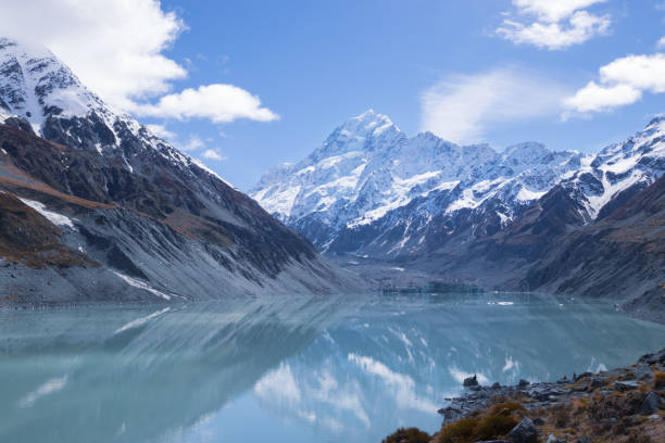 Mount Cook reflection in  lake Hooker, Southern Alps,  New Zealand Mount Cook reflection in turquoise glacial lake Hooker, Southern Alps,  New Zealand mt cook photos stock pictures, royalty-free photos & images