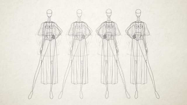 Fashion Doll - Simple, is an animation of a Female Mannequin Clothes Stand with different dresses on top. Simple Black & White background, drawing like style. Depicted in an artistic way.