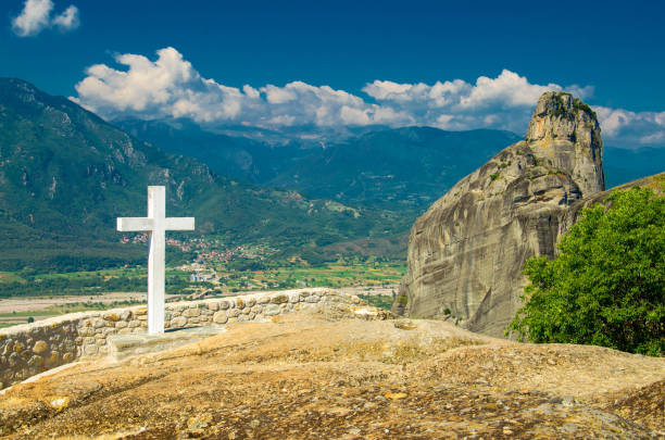 istock Big white cross of Holy Trinity Meteora Monastery, Kalabaka, Greece 1197196935