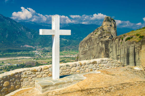 istock Big white cross of Holy Trinity Meteora Monastery, Kalabaka, Greece 1197196946