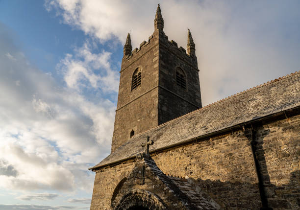 Stone tower of church of St Morwenna and St John the Baptist in in Morwenstow, Cornwall