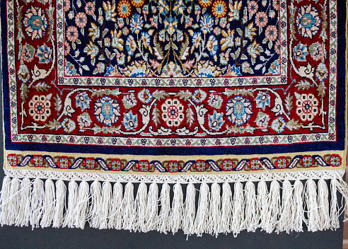 Silk carpet rug pattern. Traditional Ottoman and Turkish silk carpet texture. Turkish Ottoman oriental folk carpet design