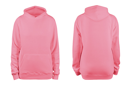 woman's pink blank hoodie template,from two sides, natural shape on invisible mannequin, for your design mockup for print, isolated on white background