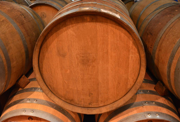 istock Wooden wine barrel background with copy space. 1197202583