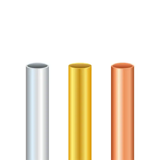 Vector illustration of Pipe set. Steel, copper, gold Tubes. Steel or Aluminum, pipes of different diameters. Vector stock illustration.