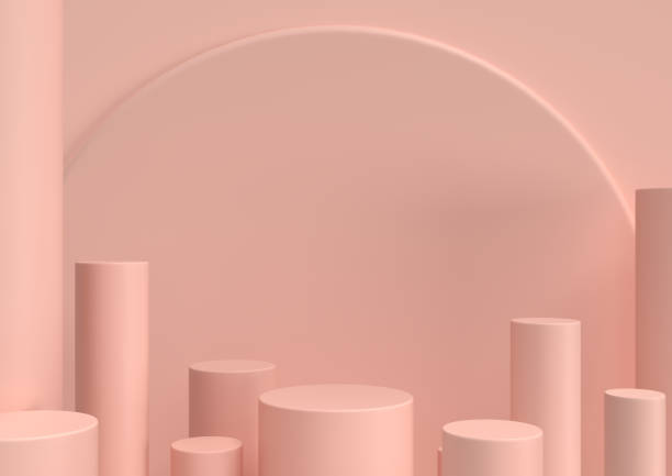 istock Scene with geometrical forms, Minimalist podium for showcase or cosmetic product presentation, in pink pastel colors, 3d rendering. 1197204764