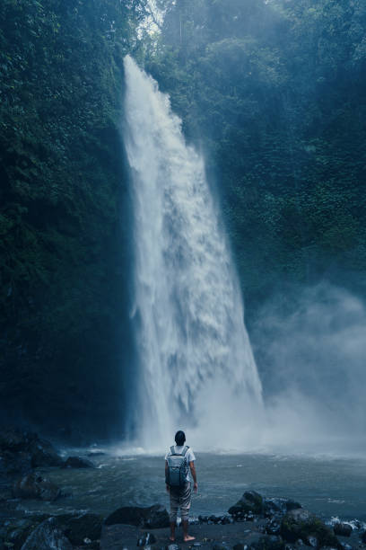 istock Young Asian Male with Backpack looking at the waterfall 1197205907