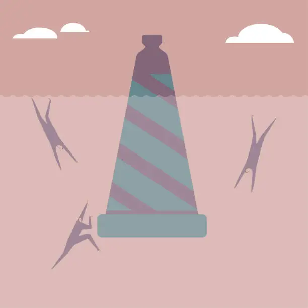 Vector illustration of Underwater survey. Three businessmen dive into the water. Around the safety cone.