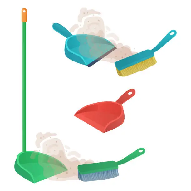 Vector illustration of Cartoon plastic scoop set. Brush sweeps dust and dirt on dustpan. Housework, cleaning services, household,concept. Equipment for cleaning element isolated on white background Stock vector illustration