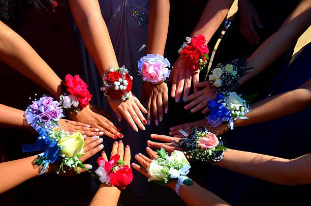 Suburban Prom Corsage Girls Hands Together I took this picture standing precariously on top of a narrow wall while the girls going to prom put their beautiful corsage'd hands together. prom stock pictures, royalty-free photos & images