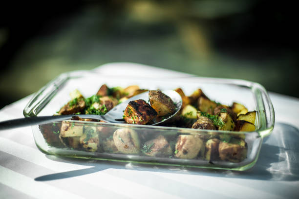 Roast pork and potatoes on wire rack over fire closeup. Home cooking kebabs concept